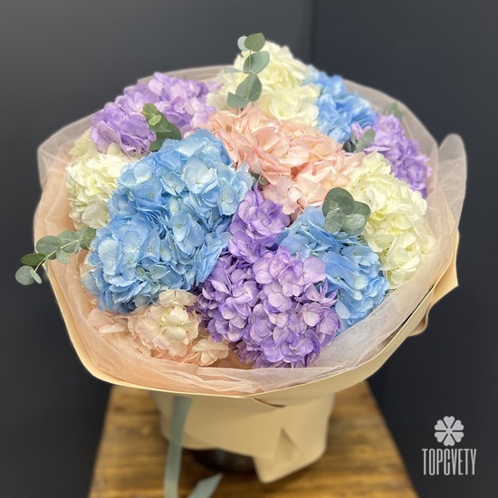 Букет из 11 разноцветных гортензий