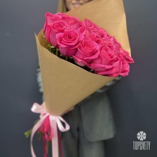 Букет из 15 розовых крупных роз 70см