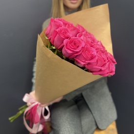 Букет из 15 розовых крупных роз 70см