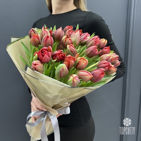 Букет из 51 красного пионовидного тюльпана