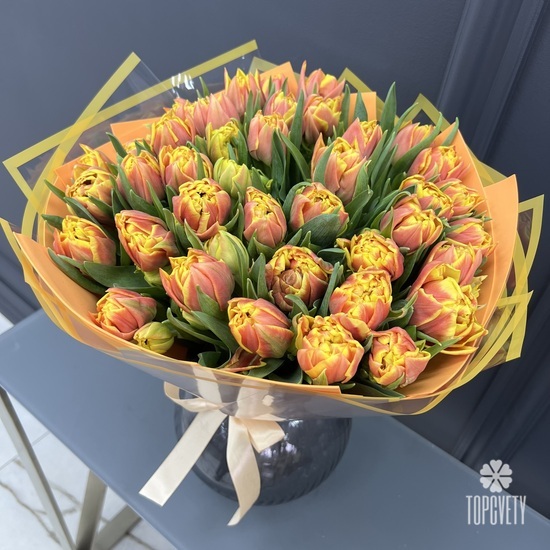 Букет из 51 желто-красного пионовидного тюльпана Голландия