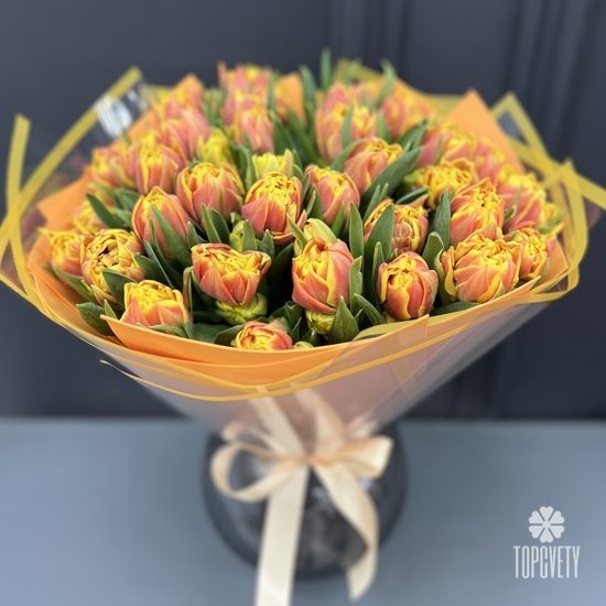 Букет из 51 желто-красного пионовидного тюльпана Голландия