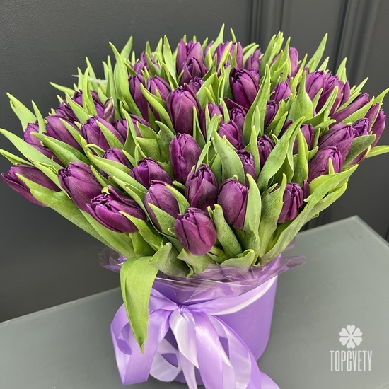 Букет из 51 сиреневого пионовидного тюльпана в коробке