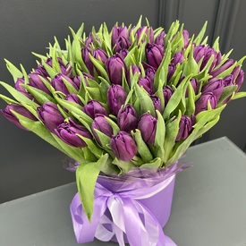 Букет из 51 сиреневого пионовидного тюльпана в коробке
