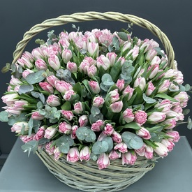 Букет из 251 розового пионовидного тюльпана в корзине