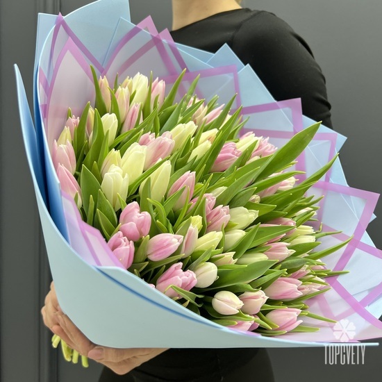 Букет из 101 розовых и белых тюльпанов
