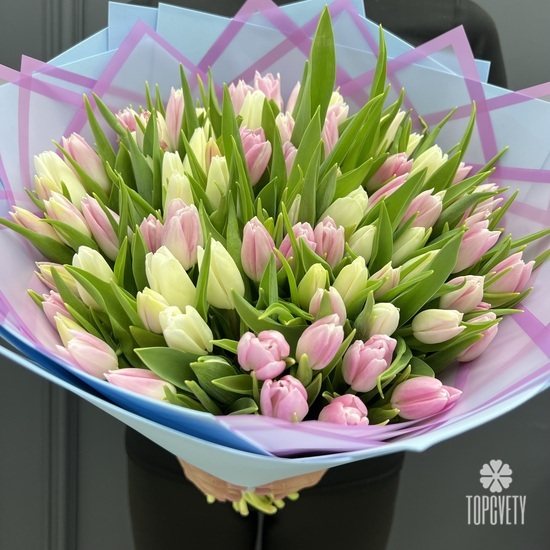 Букет из 101 розовых и белых тюльпанов