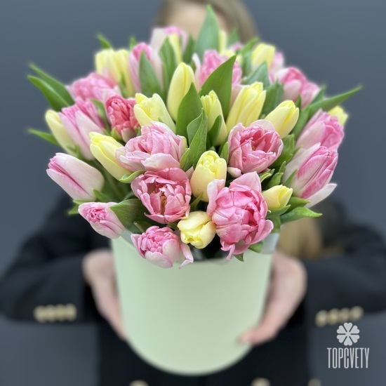 Букет из 35 пионовидных тюльпанов в шляпной коробке