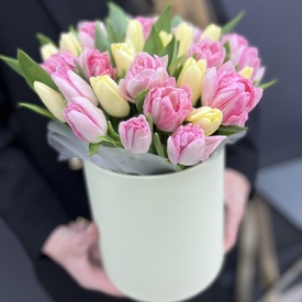 Букет из 35 пионовидных тюльпанов в шляпной коробке