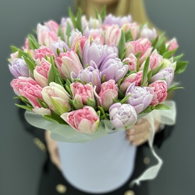 Букет из 51 пионовидного тюльпана в шляпной коробке