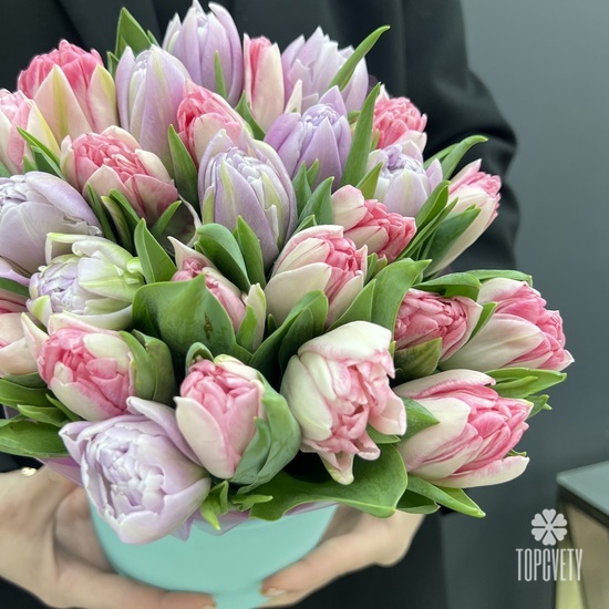Букет из 35 сиреневых и розовых  пионовидных тюльпанов в коробке