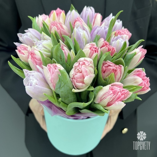 Букет из 35 сиреневых и розовых  пионовидных тюльпанов в коробке