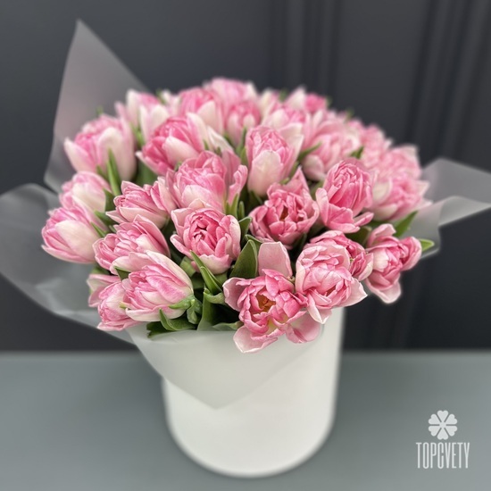 Букет из 35 розовых пионовидных тюльпанов в коробке