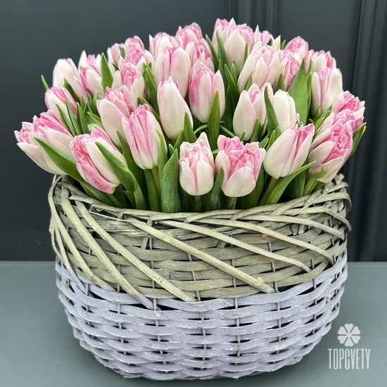 Букет из 35 пионовидных тюльпанов в корзине