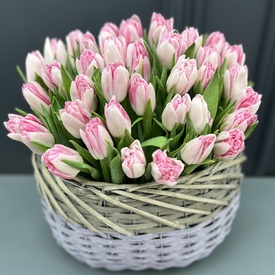 Букет из 35 пионовидных тюльпанов в корзине
