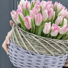 Букет из 35 пионовидных тюльпанов в корзине