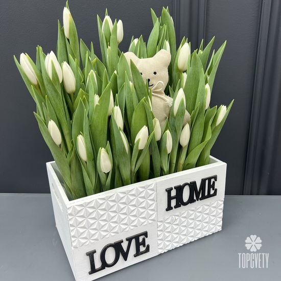 51 белый тюльпан в декоративном ящике