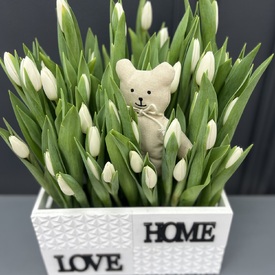 51 белый тюльпан в декоративном ящике