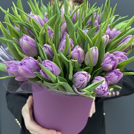 Букет из 45 сиреневых пионовидных тюльпанов в шляпной коробке