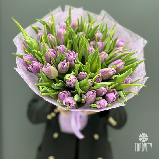 Букет из 55 сиреневых пионовидных тюльпанов