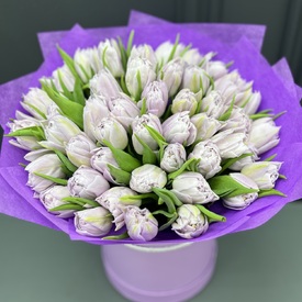Букет из 45 сиреневых пионовидных тюльпанов в шляпной коробке