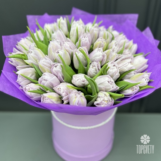 Букет из 45 сиреневых пионовидных тюльпанов в шляпной коробке