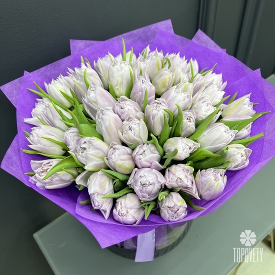 Букет из 45 сиреневых пионовидных тюльпанов
