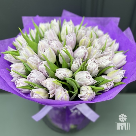 Букет из 45 сиреневых пионовидных тюльпанов