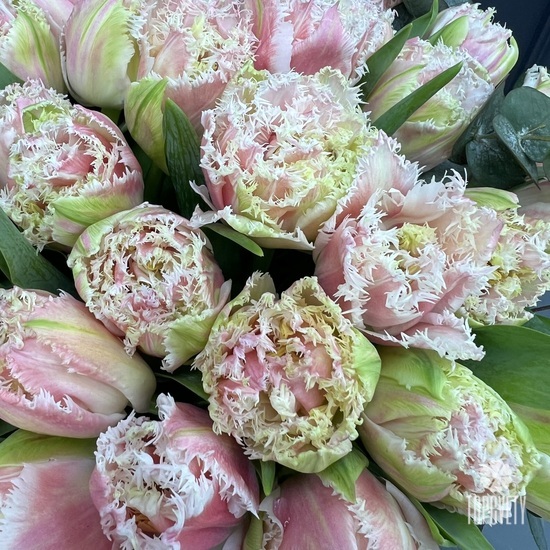 Композиция из 45шт сортовых тюльпанов в шляпной коробке