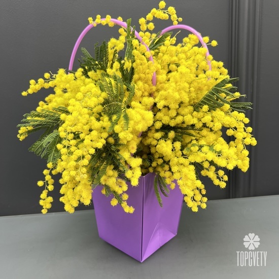 Композиция из 3 веток мимозы в сумочке 