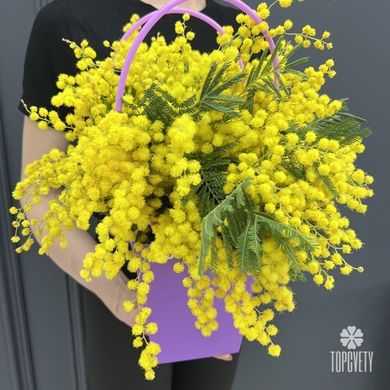 Композиция из 3 веток мимозы в сумочке 