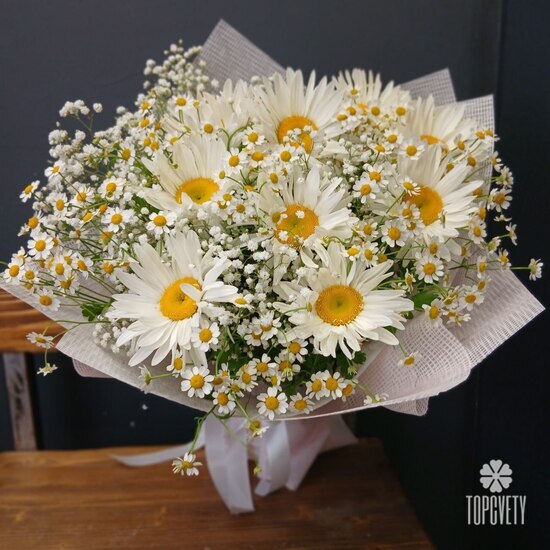 Букет из 9 Ромашек, танацетума и гипсофилы