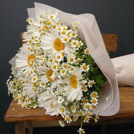 Букет из 9 Ромашек, танацетума и гипсофилы