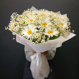 Букет из 9 Ромашек, танацетума и гипсофилы