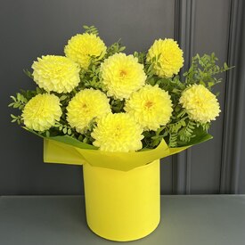 Композиция из 9 георгин в шляпной коробке