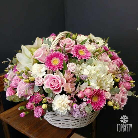 Композиция  из  роз, герберы и гортензий в корзине Гриффит