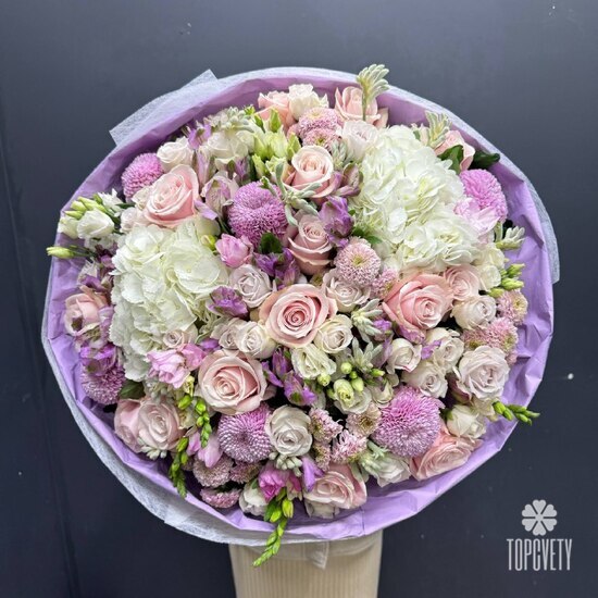 Букет из роз, гортензии и эустомы Лавандовый сон 