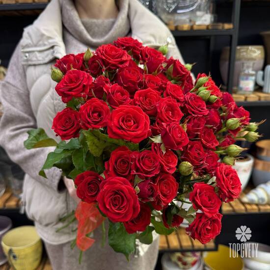 Букет из 13 красных кустовых роз Россия 50см