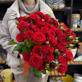 Букет из 13 красных кустовых роз Россия 50см