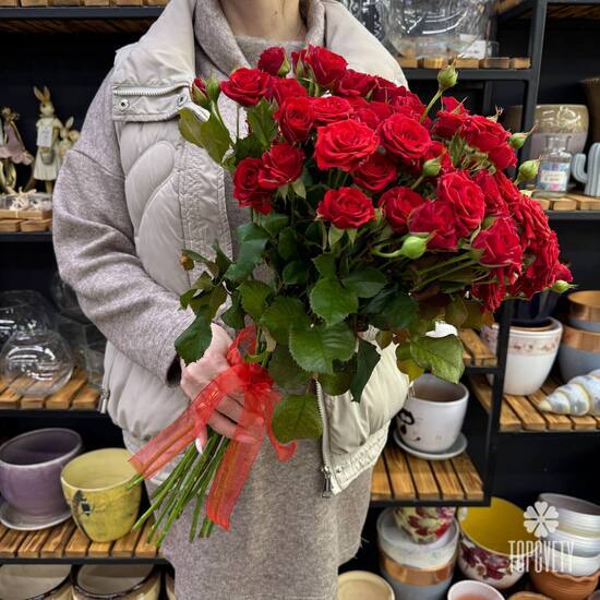 Букет из 15 красных кустовых роз Россия 50см