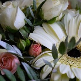 Композиция из гермини и кустовых роз с игрушкой в ящике 