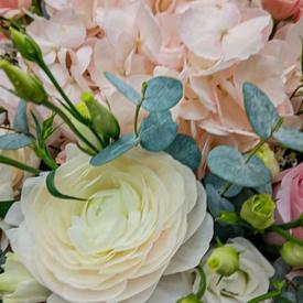 Букет из ранункулюсов, роз, гербер и гортензий в корзине