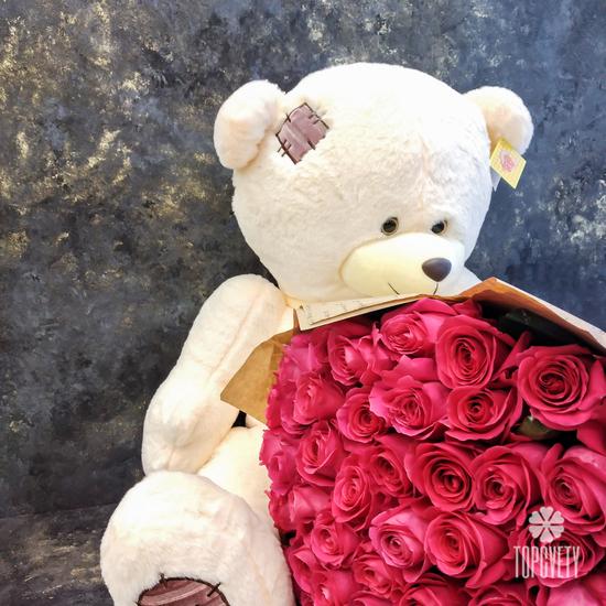 Букет из 51 розовой розы Пинк Флойд 70см и плюшевый мишка
