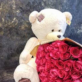 Букет из 51 розовой розы Пинк Флойд 70см и плюшевый мишка