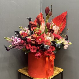 Композиция из протеи, амариллисов и роз в коробке