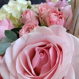 Букет из гортензий и роз в корзине и мягкая игрушка