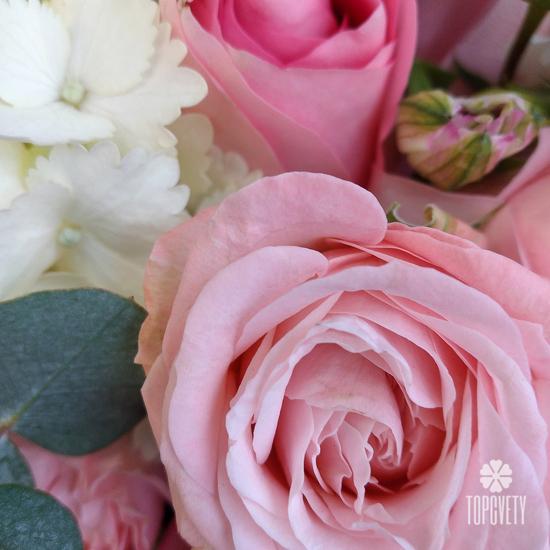 Букет из роз, гвоздик и гортензий в кашпо 