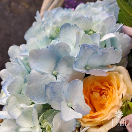 Букет из гортензий и роз в корзине