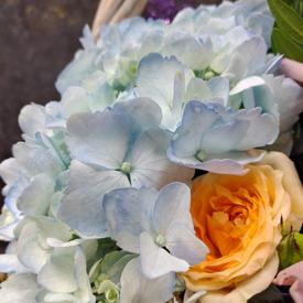 Букет из гортензий и роз в корзине