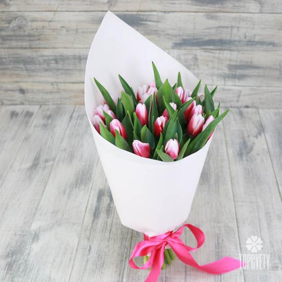 Букет из 25 бело-розовых тюльпанов 